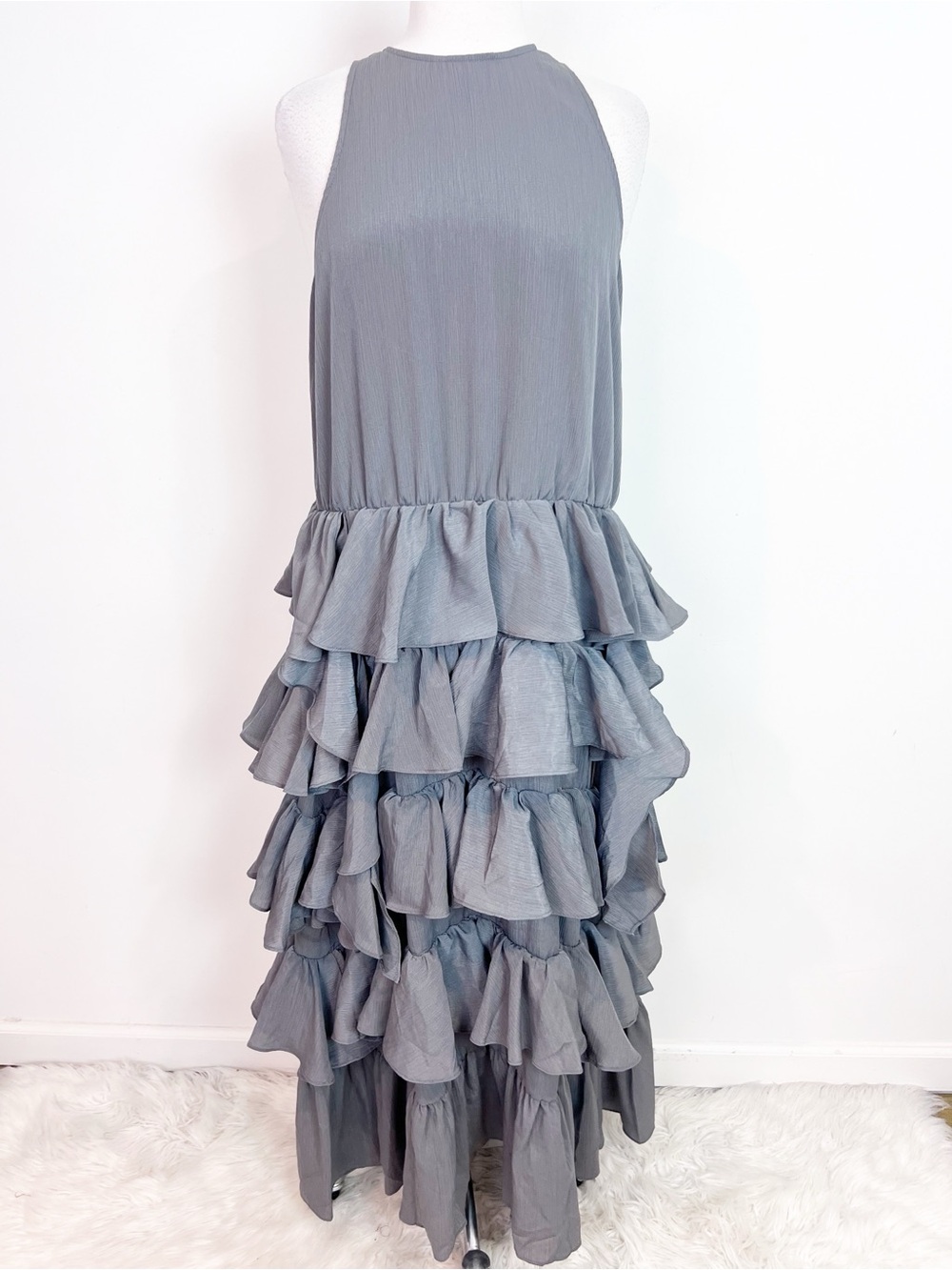GLOERIA GRAY SLEEVELESS RUFFLE MAXI PARTY DRESS WOMENS SZ MEDIUM
